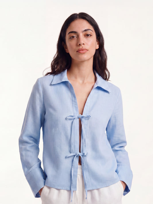 Tie Front Blouse - Light Blue